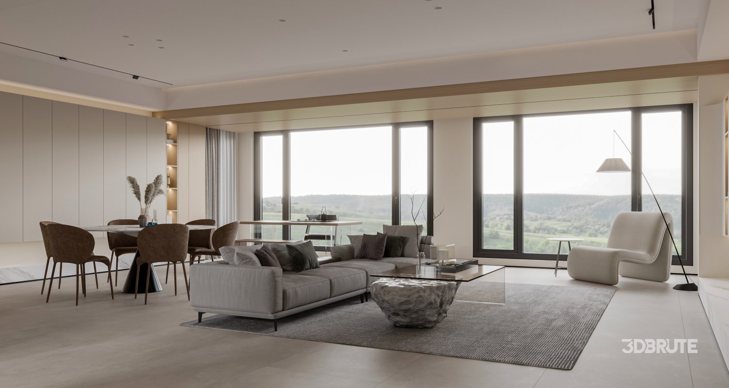 Modern living room and dining room interior scene Image 1