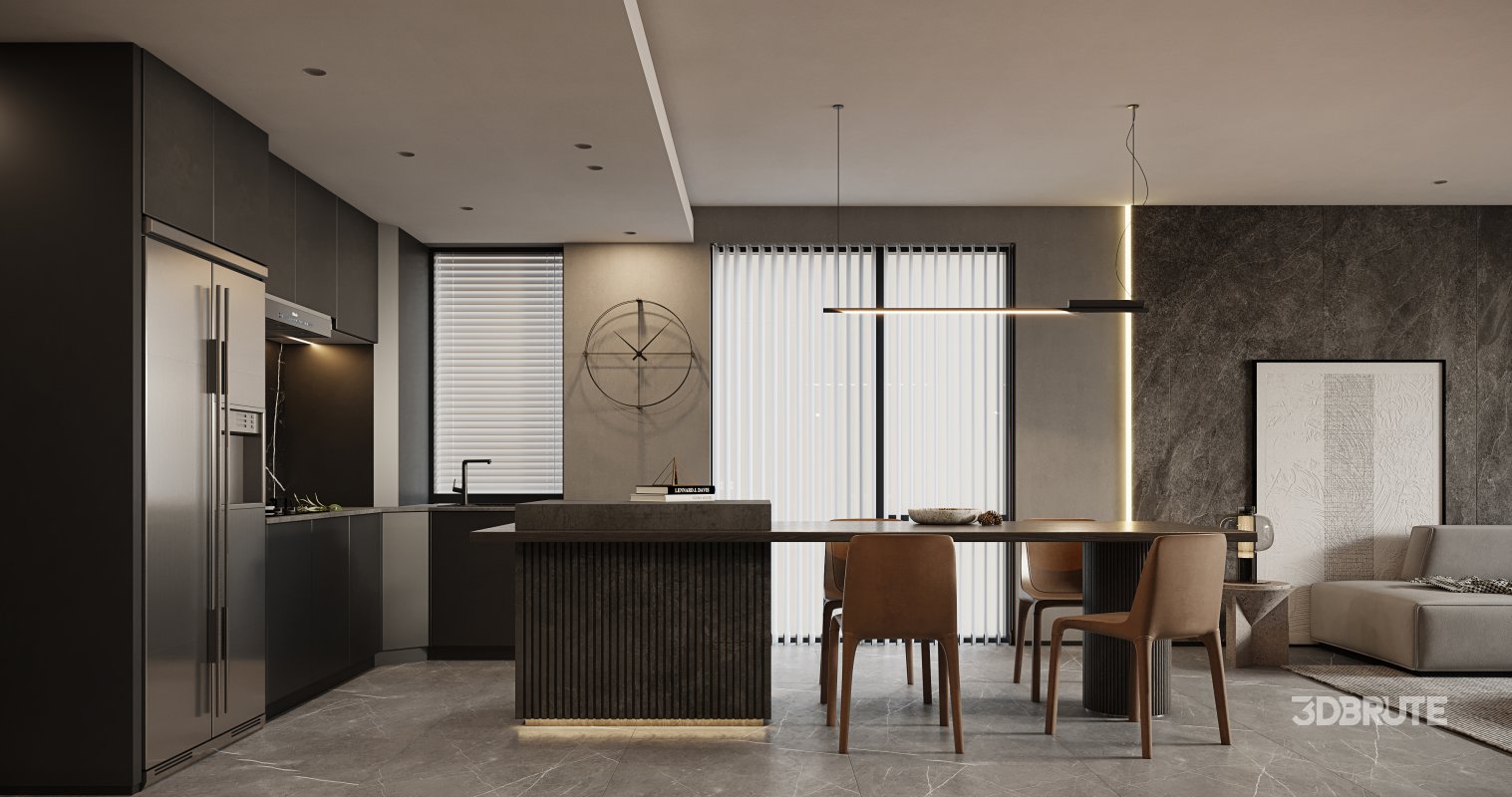 Modern living room and dining room bedroom interior scene Image 4