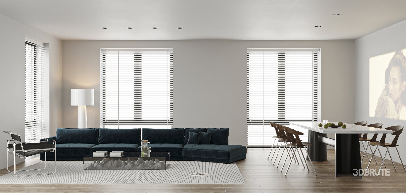 Modern living room and dining room bedroom interior scene Image 12