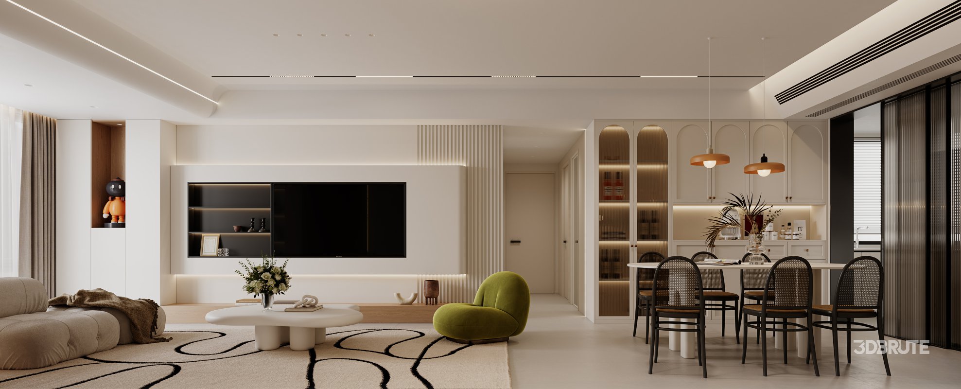 Modern living room and dining room interior scene Image 1