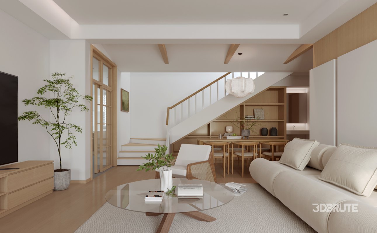 Modern living room and dining room interior scene Image 1