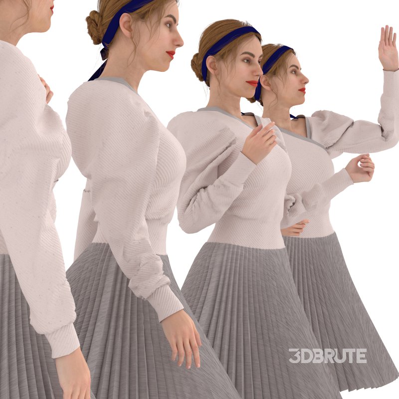 woman_pleated skirt_ blouse 04 poses Image 4