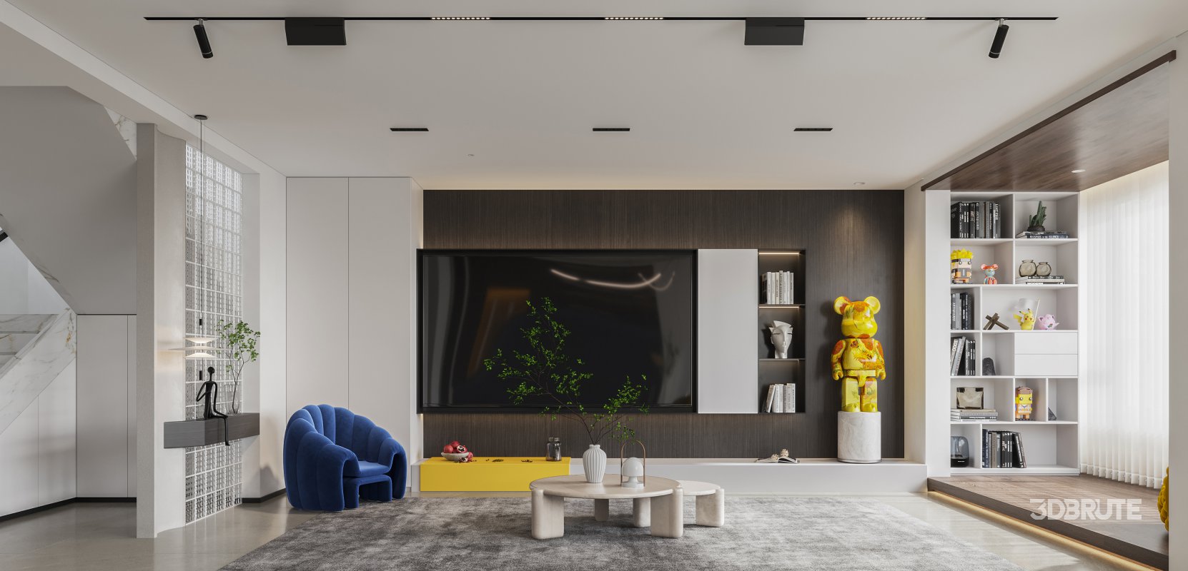 Modern living room and dining room bedroom interior scene Image 6