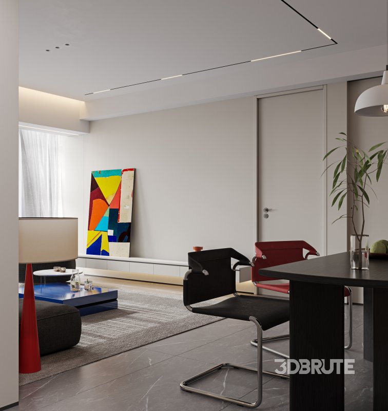 Modern living room and dining room interior scene Image 1