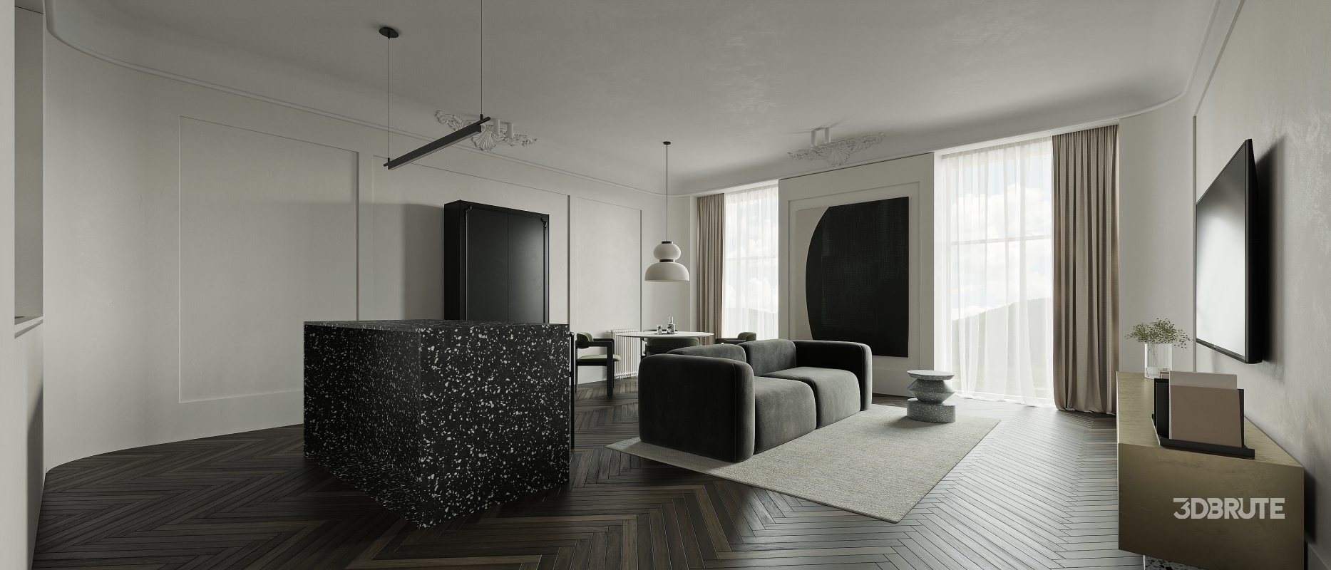 Modern living room and dining room interior scene Image 1