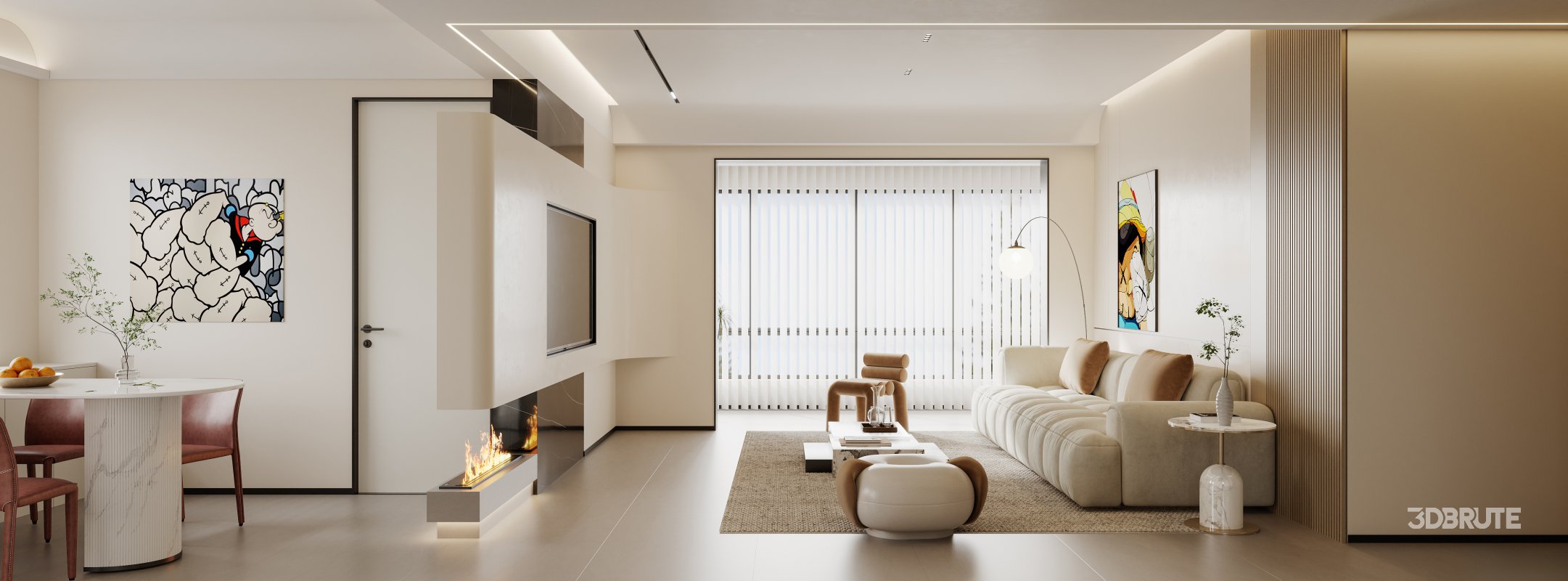 Modern living room and dining room interior scene Image 1