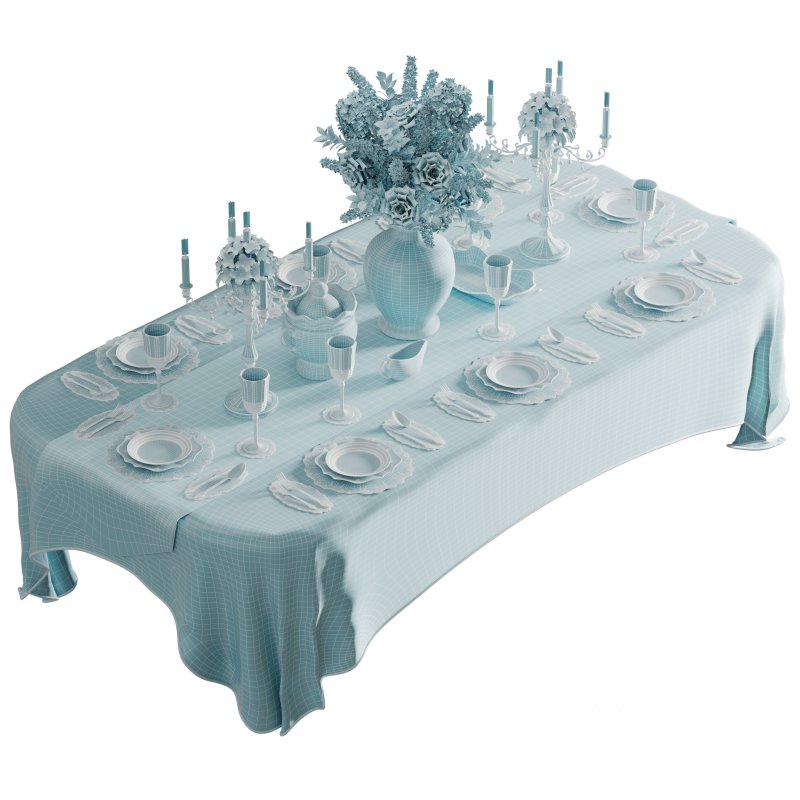 Luxury Blue & White Dining Table Set with Floral Centerpiece Image 7