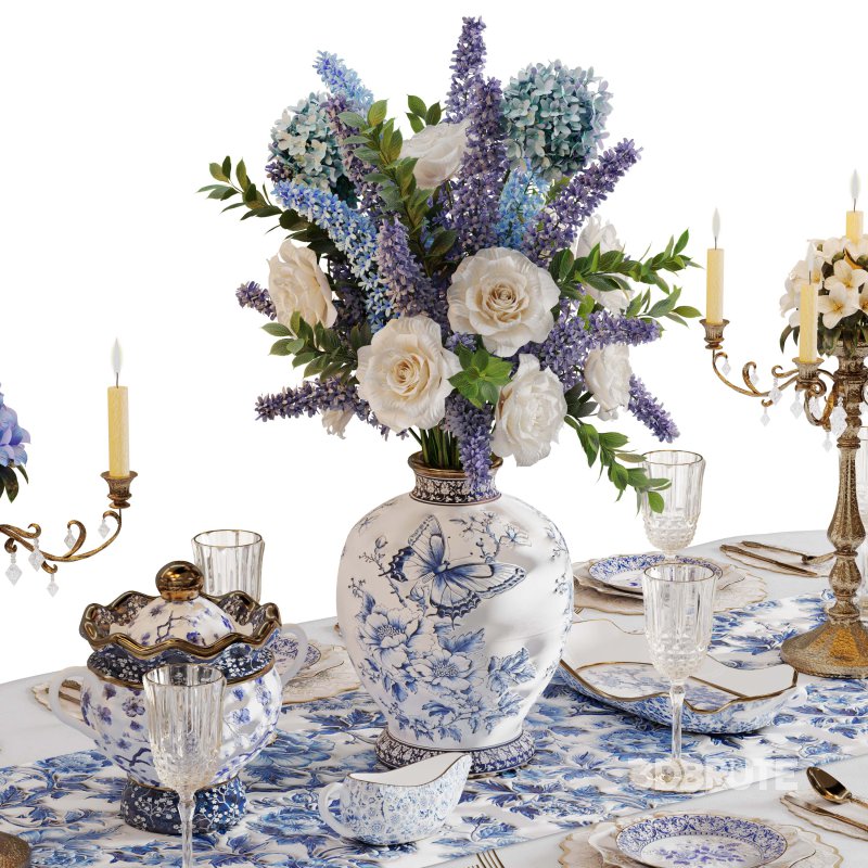 Luxury Blue & White Dining Table Set with Floral Centerpiece Image 4