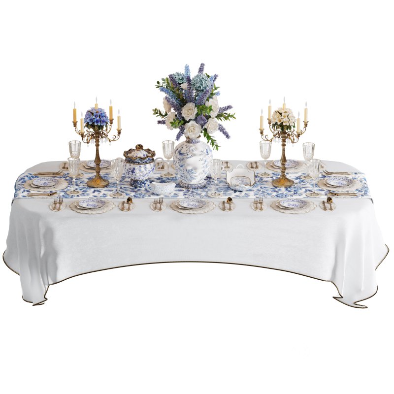 Luxury Blue & White Dining Table Set with Floral Centerpiece Image 3