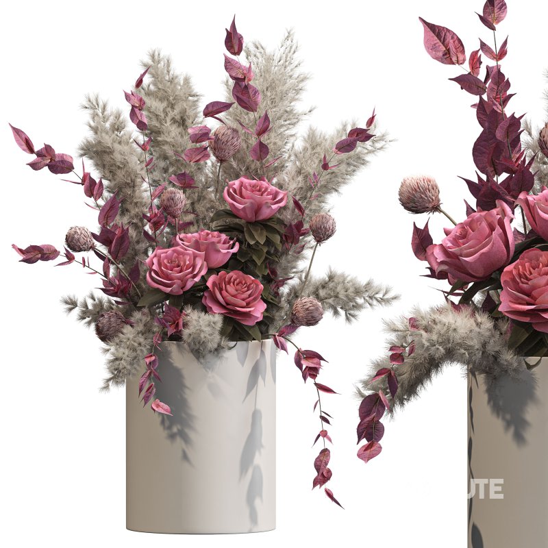 Romantic Pink Roses with Pampas in Ceramic Vase. Bouquet of flowers set 003 Image 2
