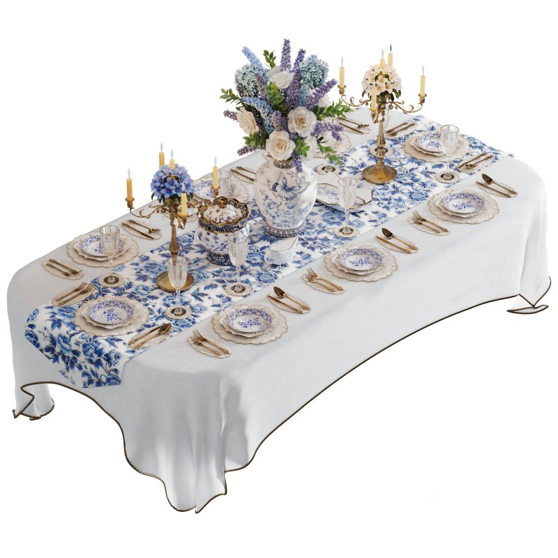 Luxury Blue & White Dining Table Set with Floral Centerpiece Image 1