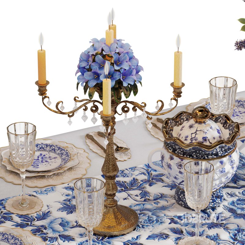 Luxury Blue & White Dining Table Set with Floral Centerpiece Image 6