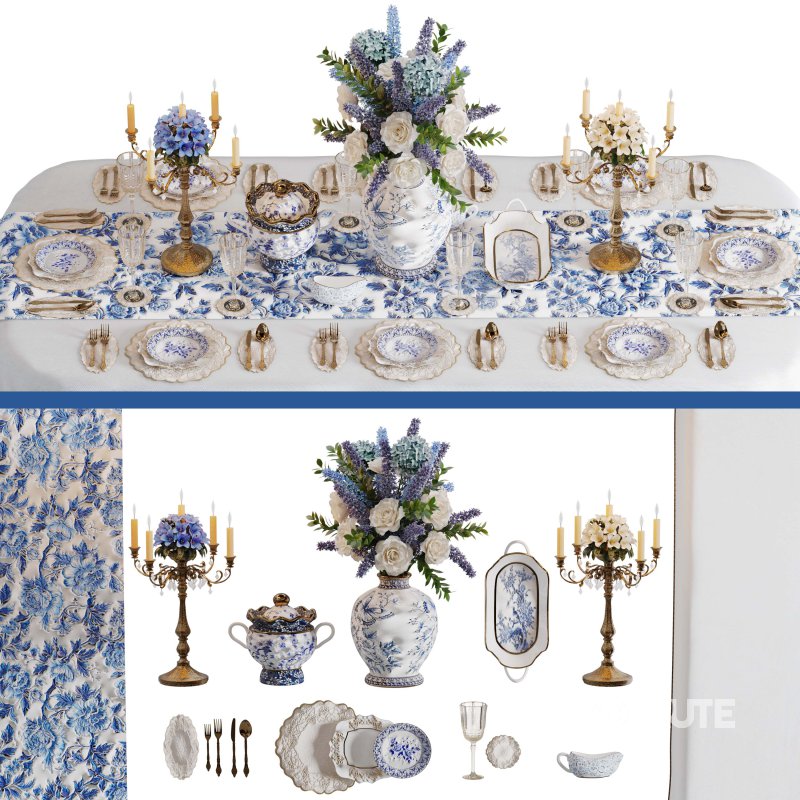 Luxury Blue & White Dining Table Set with Floral Centerpiece Image 2