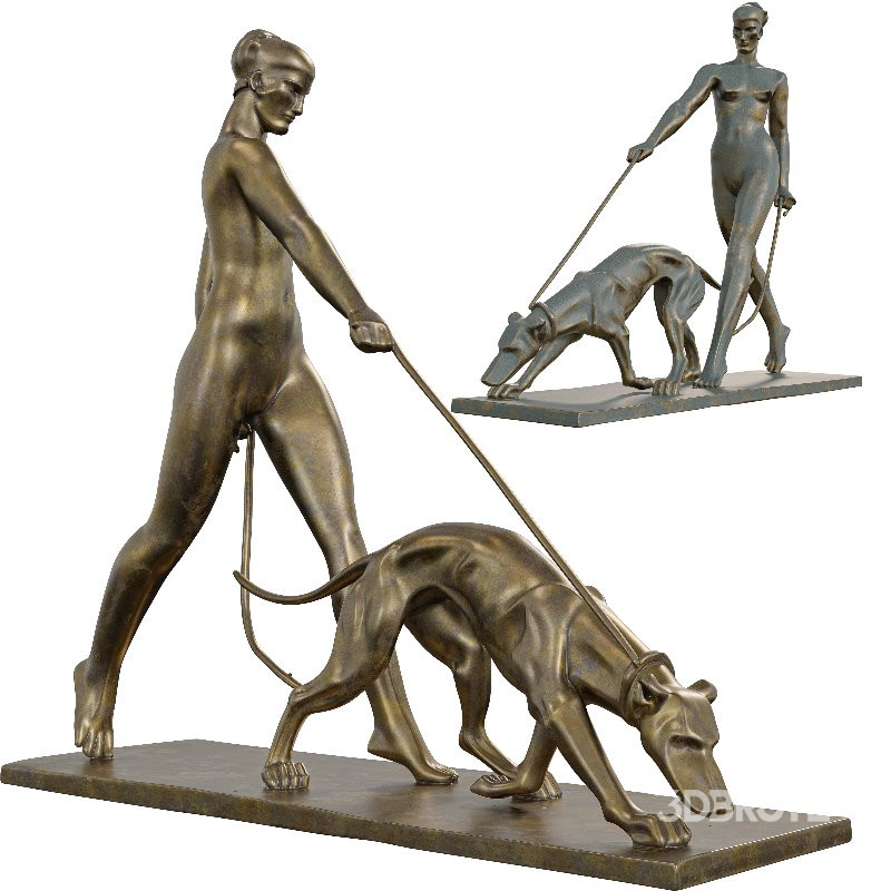 Bronze Human Walking Dog Sculpture Image 1