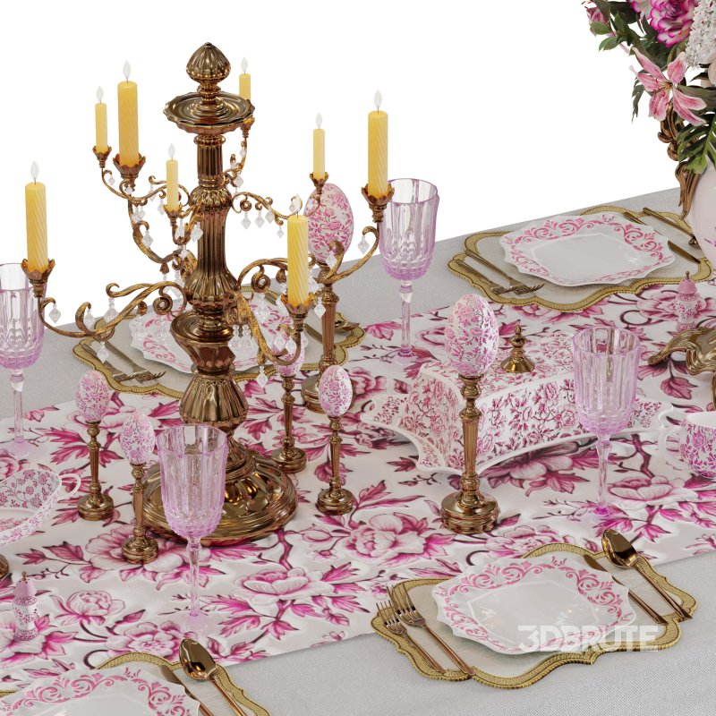 Luxury Pink & Gold Dining Table Decor Wedding Banquet 3D Model Image 5