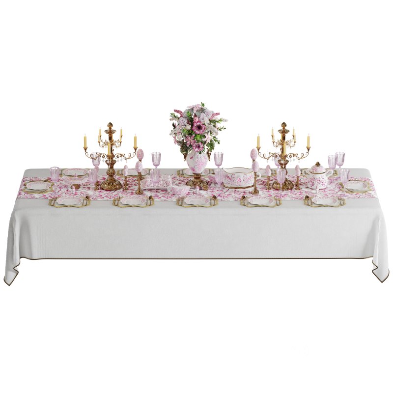 Luxury Pink & Gold Dining Table Decor Wedding Banquet 3D Model Image 3