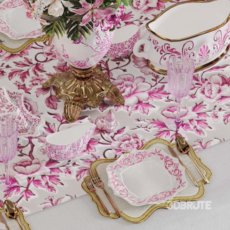 Luxury Pink & Gold Dining Table Decor Wedding Banquet 3D Model Image 6