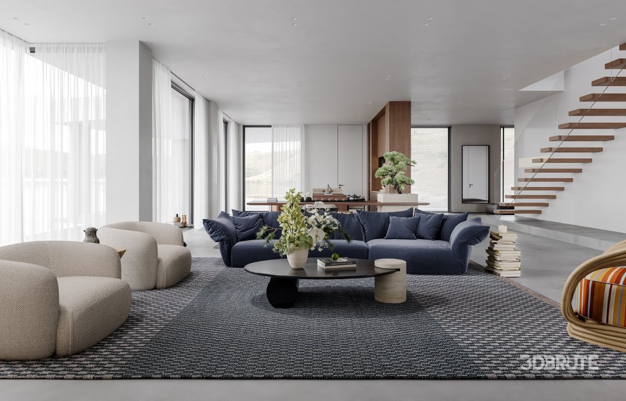 Modern living room and dining room office room interior scene Image 5