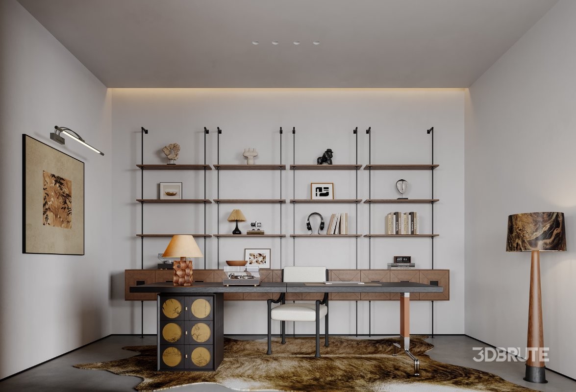 Modern living room and dining room office room interior scene Image 2