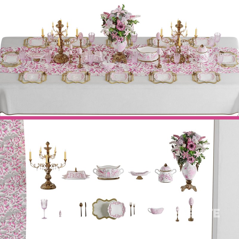 Luxury Pink & Gold Dining Table Decor Wedding Banquet 3D Model Image 2