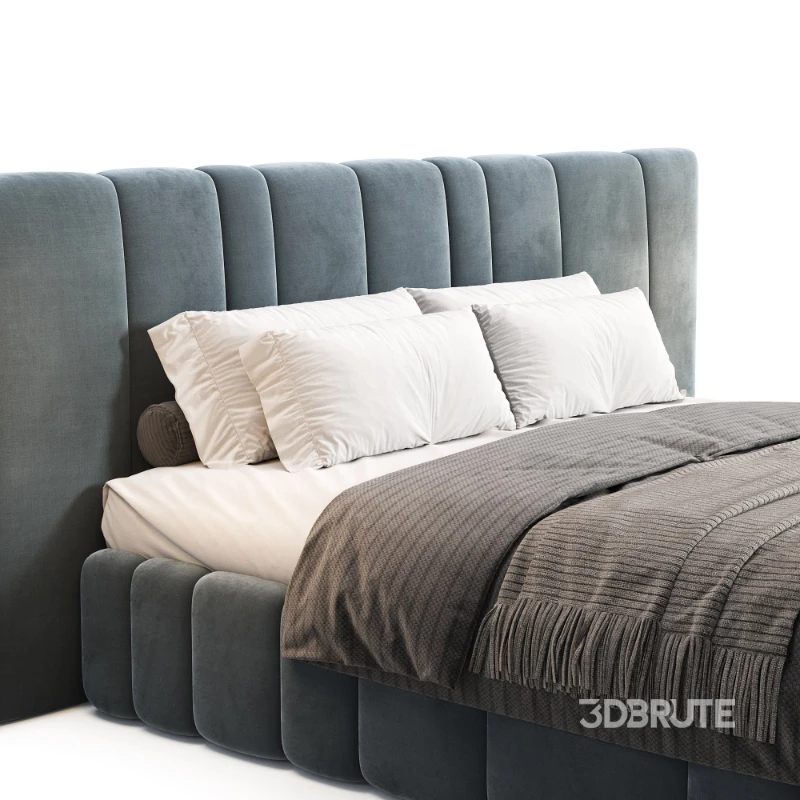 Areli Gray Blue Velvet Luxury Wide Headboard Bed Image 6