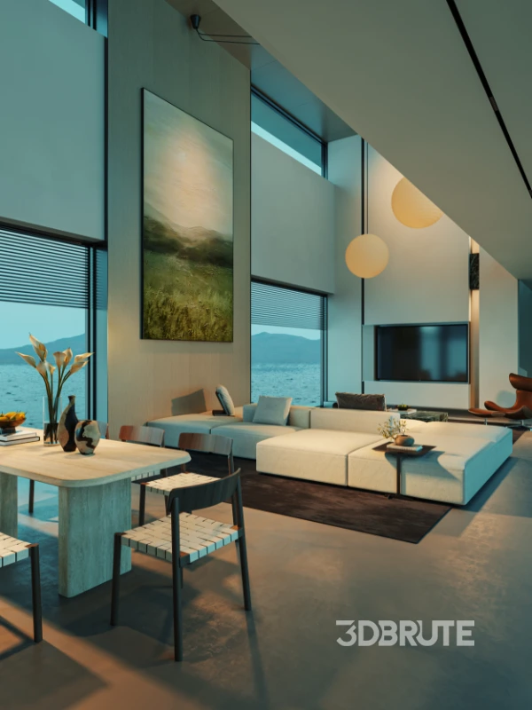 Modern villa living room and dining room interior Image 2