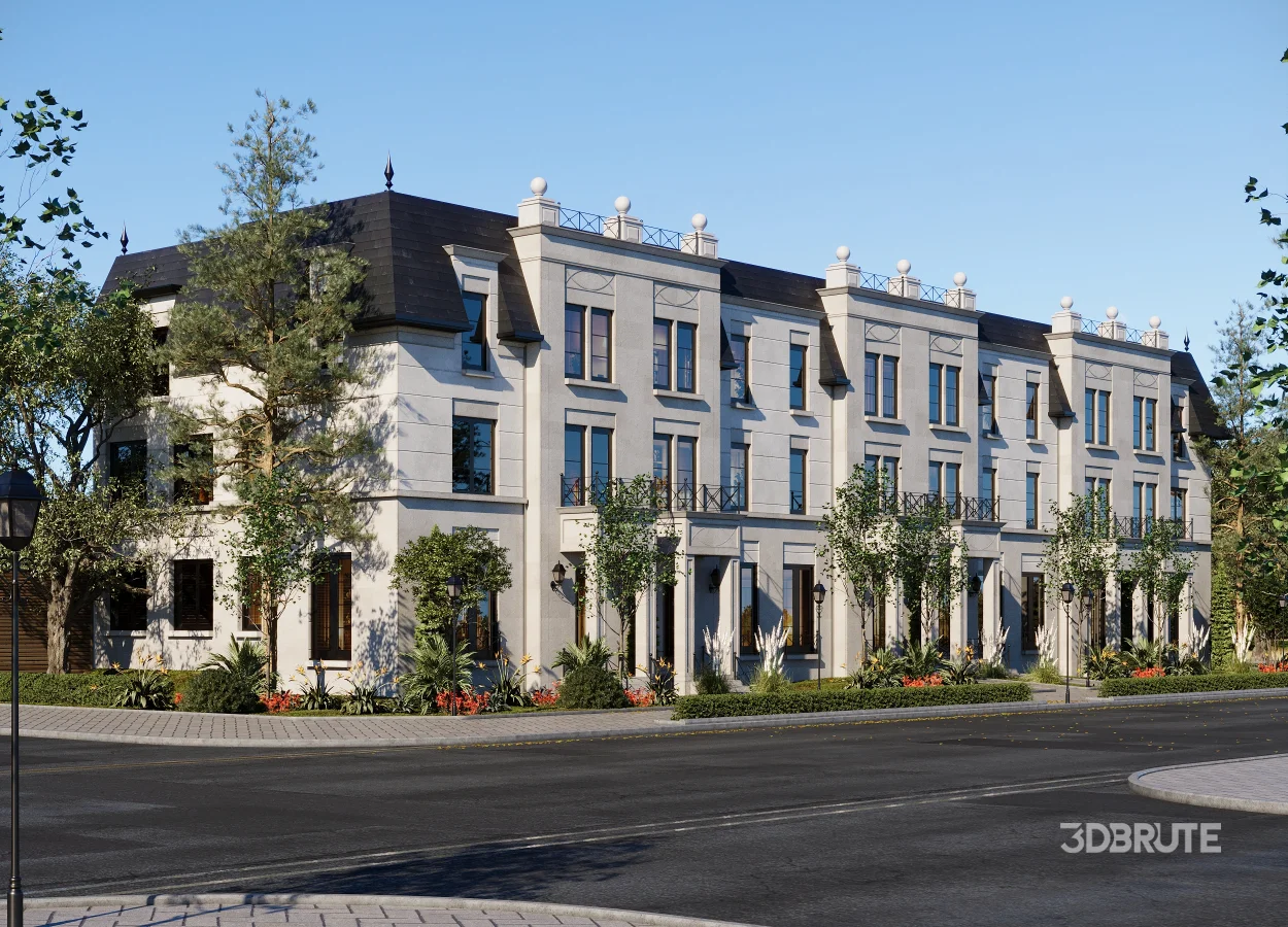 Neoclassical Townhouse Exterior Visualization – Full 3D Scene Image 3
