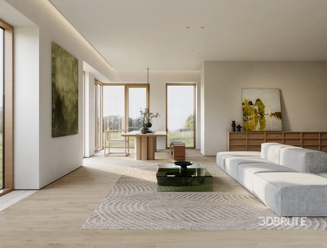 Modern living room and dining room interior scene Image 1