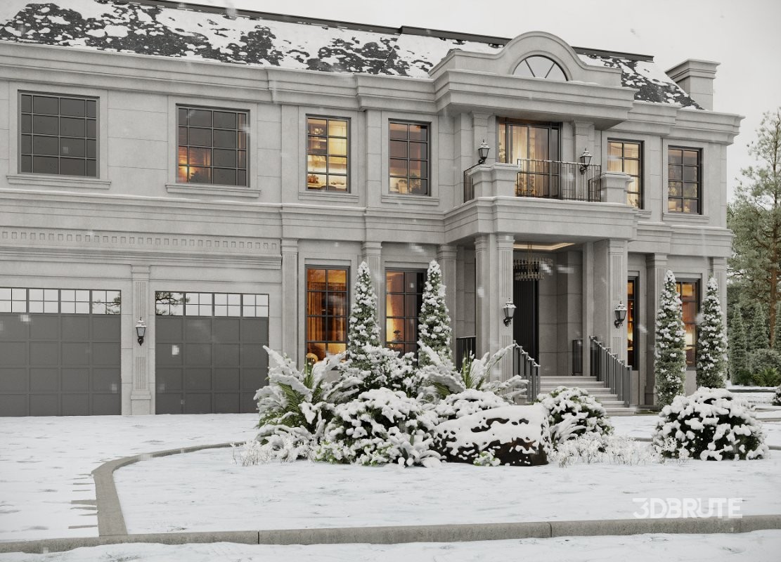 Neoclassical Villa Exterior Full 3D Scene Summer and Winter Image 8