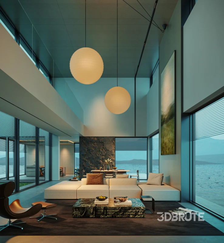 Modern villa living room and dining room interior Image 1