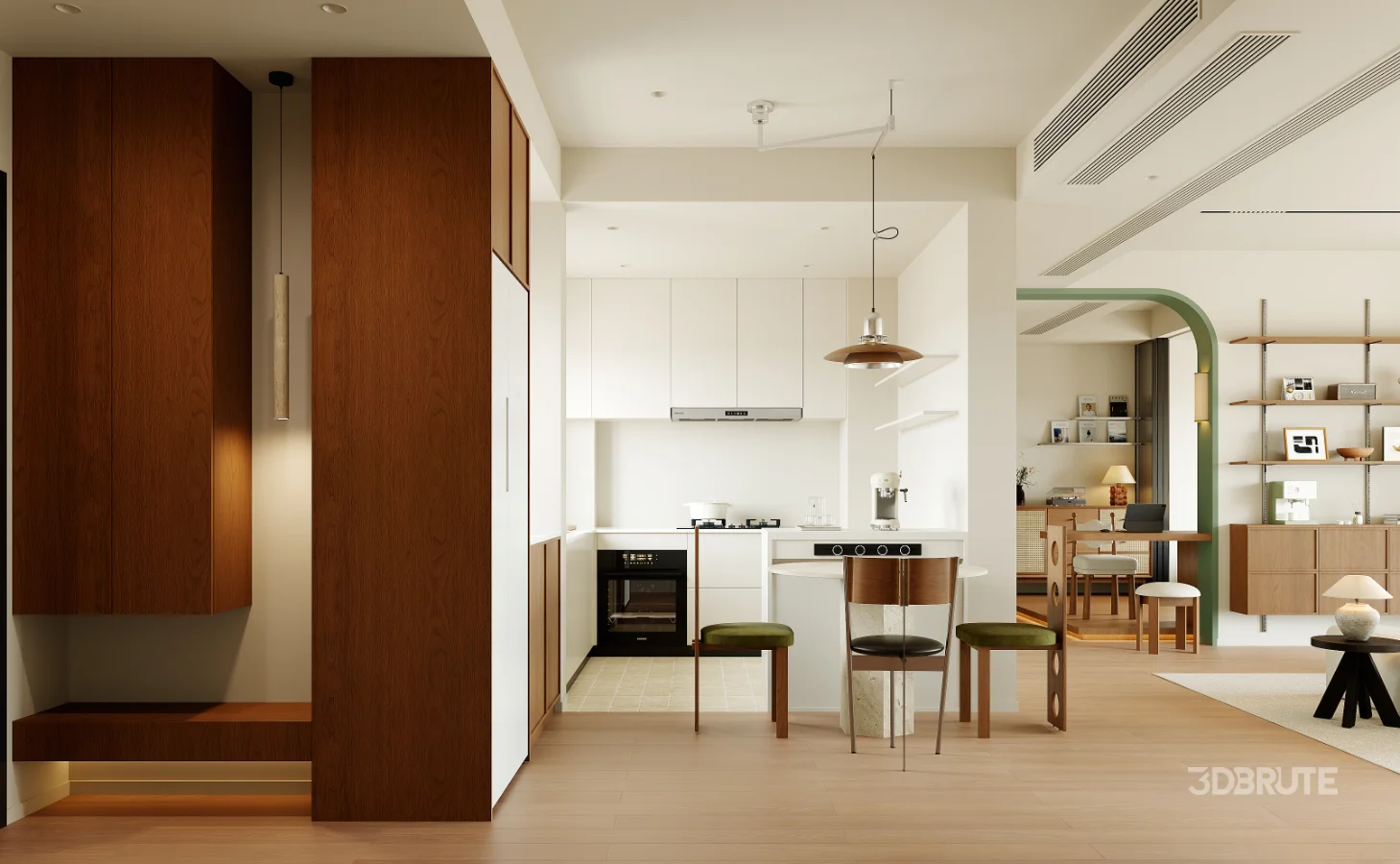 Modern living room and dining room bedroom interior scene Image 1