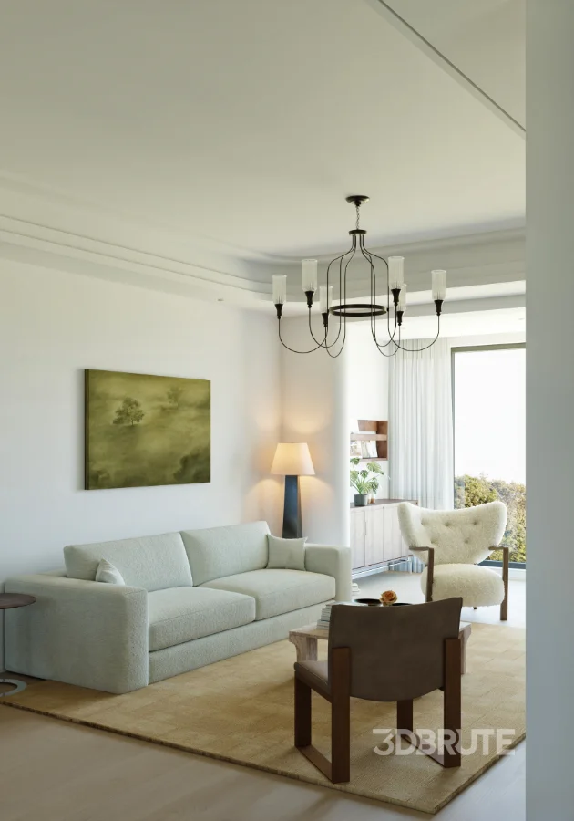 Modern living room and dining room office room interior scene Image 10