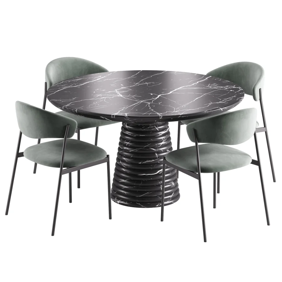 Damato Sand Velvet Dining Chair and Taza Round Marble Dining Table Image 1