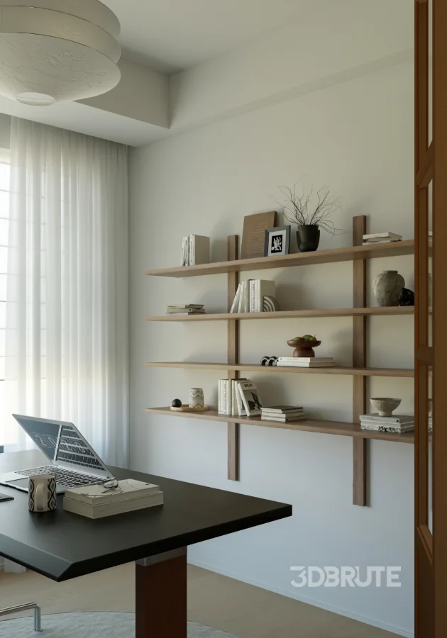 Modern living room and dining room office room interior scene Image 12