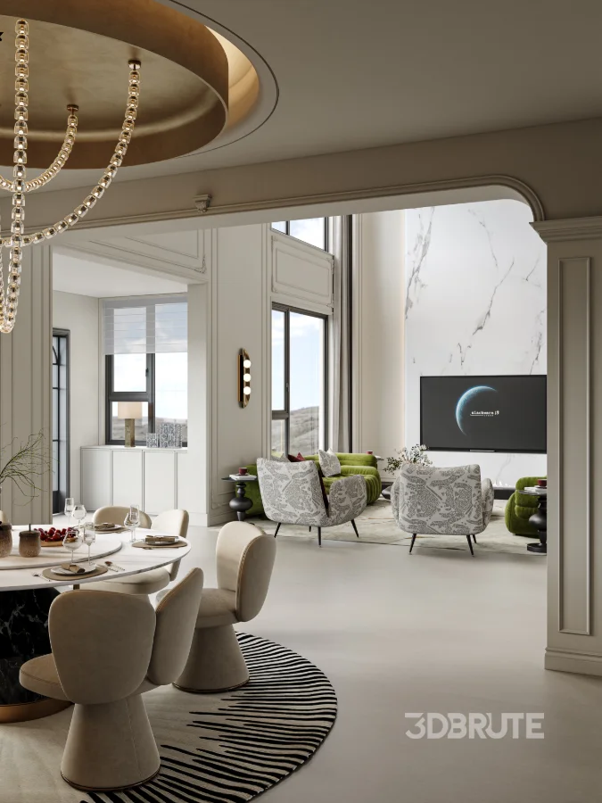 Luxury villa living room and dining room interior Image 3