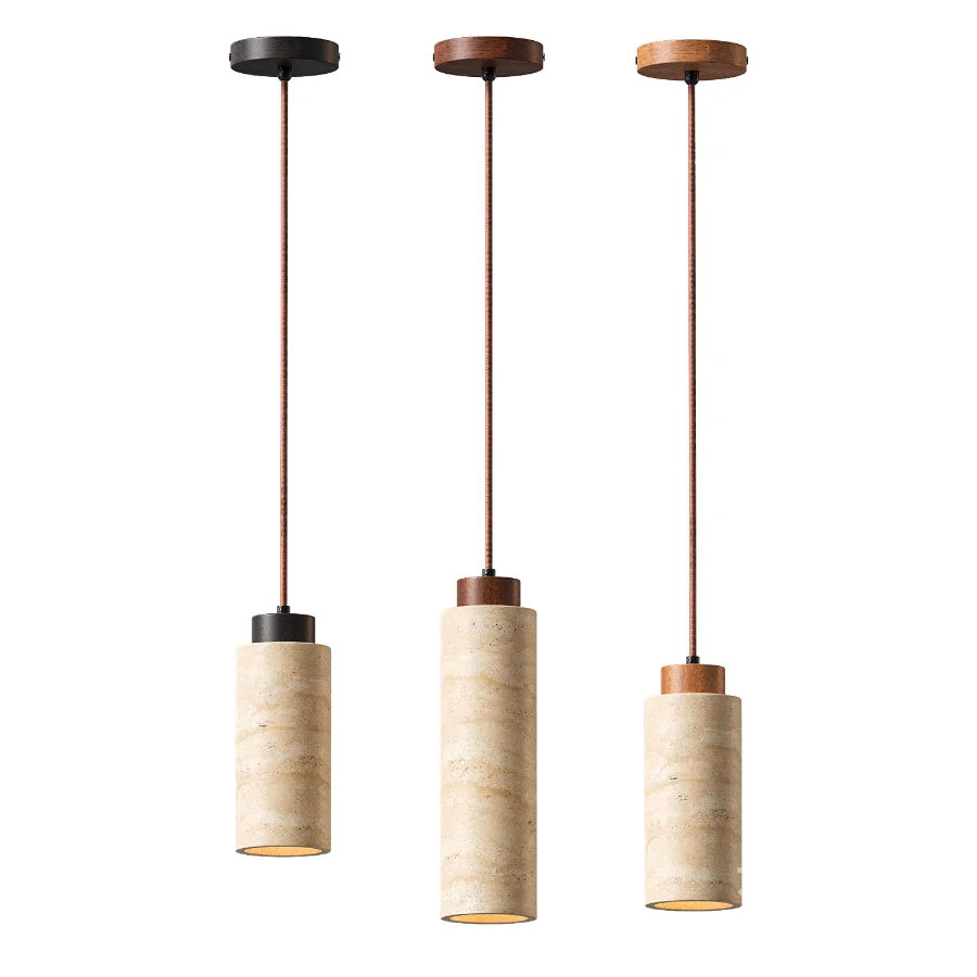 Traditional Japanese Cylinder Yellow Travertine Pendant Light Image 1