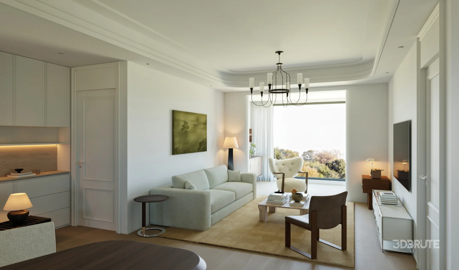 Modern living room and dining room office room interior scene Image 2