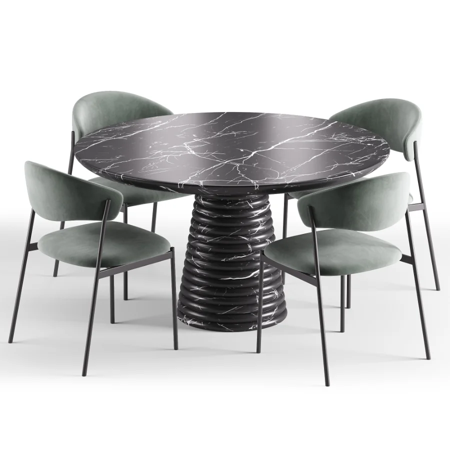 Damato Sand Velvet Dining Chair and Taza Round Marble Dining Table Image 4
