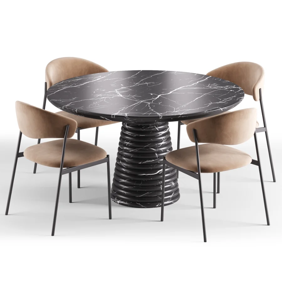 Damato Sand Velvet Dining Chair and Taza Round Marble Dining Table Image 5