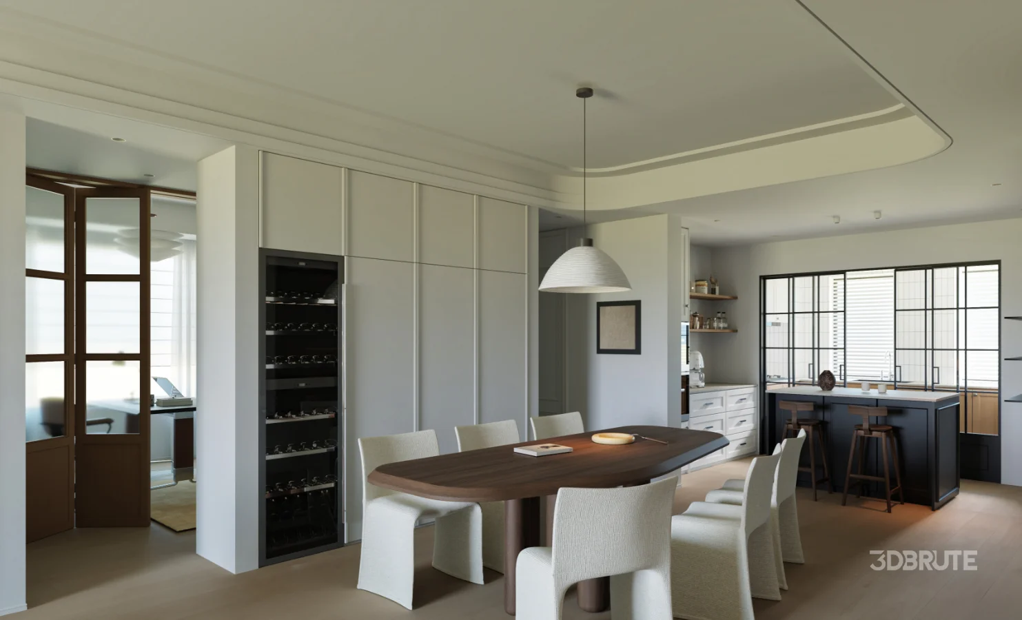 Modern living room and dining room office room interior scene Image 1