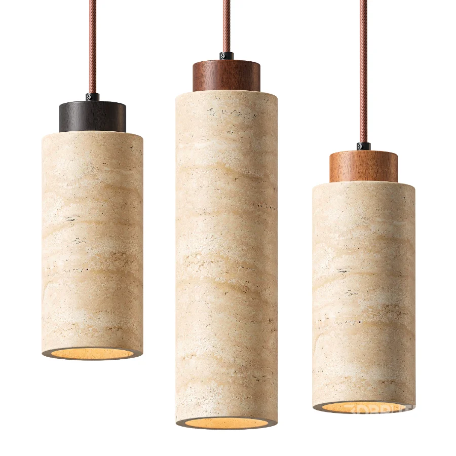 Traditional Japanese Cylinder Yellow Travertine Pendant Light Image 4