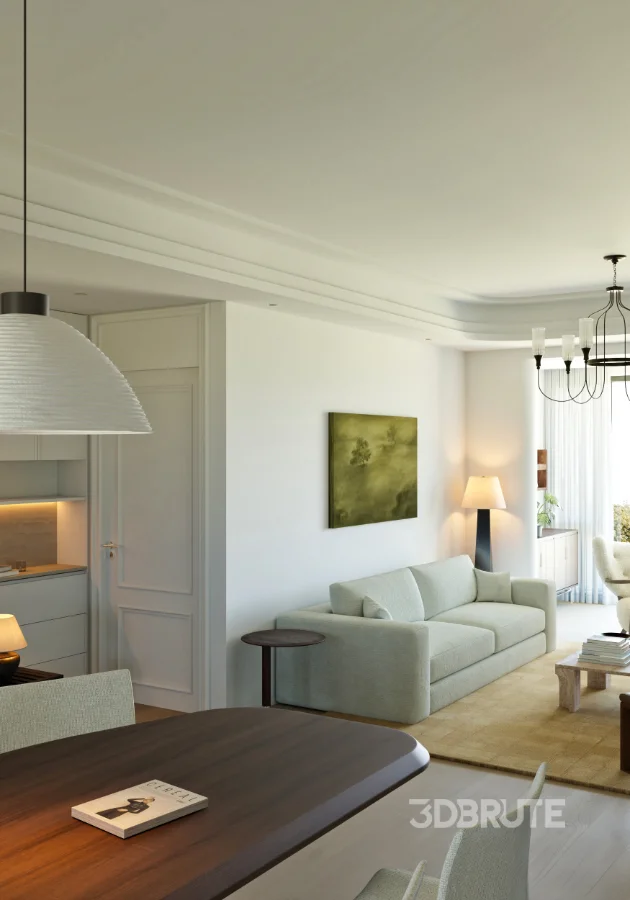 Modern living room and dining room office room interior scene Image 11