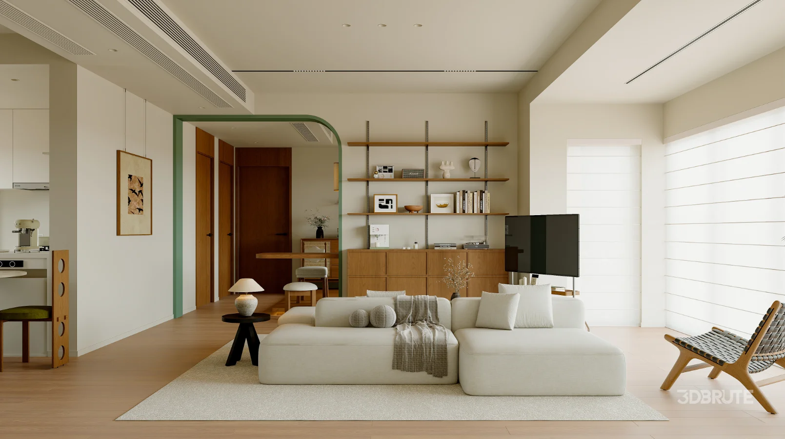 Modern living room and dining room bedroom interior scene Image 3
