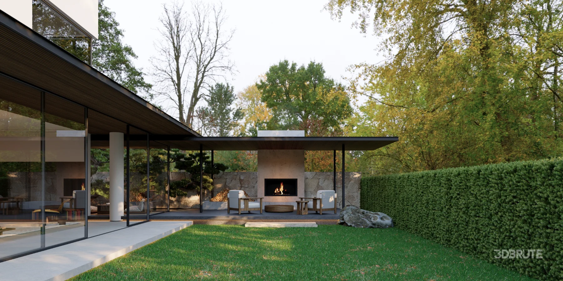 Modern courtyard living room and dining room Image 1