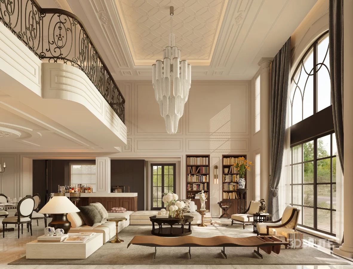 Luxury villa living room and dining room hallway Image 3