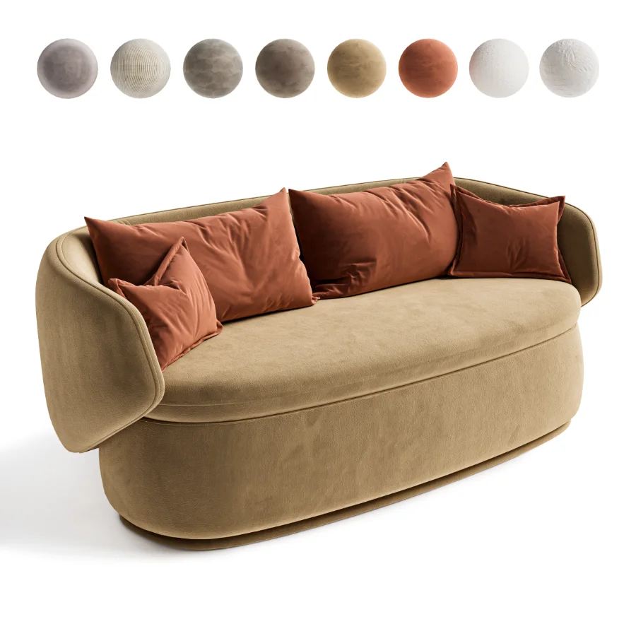 Modern Organic Curved Sofa with Velvet Pillows Image 1