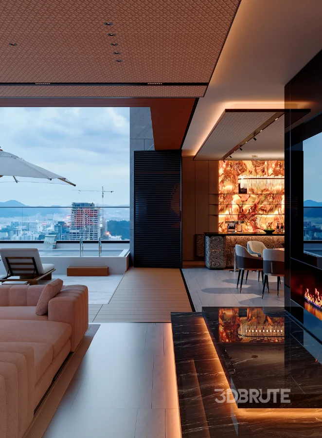 Modern living room dining room and swimming pool Image 4