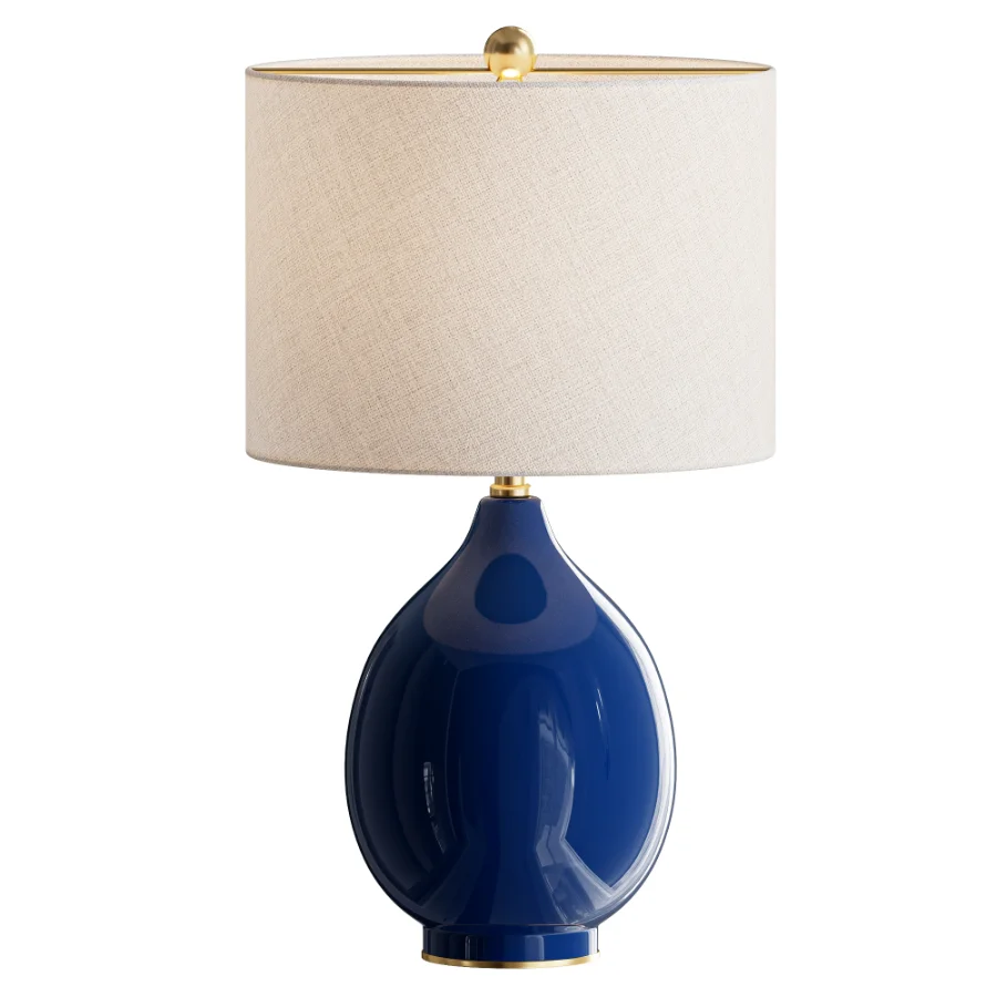 Blue Ceramic Table Lamp Drum Shade Image 1