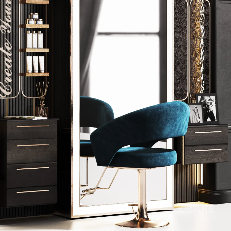 Beautysalon19 Modular BeautySalon Design for hairstyling areas, Decorative Entry glasses, to enhance the interior reflections and visual depth of your scene. you can change chairs and walls material colors by material diffuses to match your salon’s theme.wish you great renders! Image 1