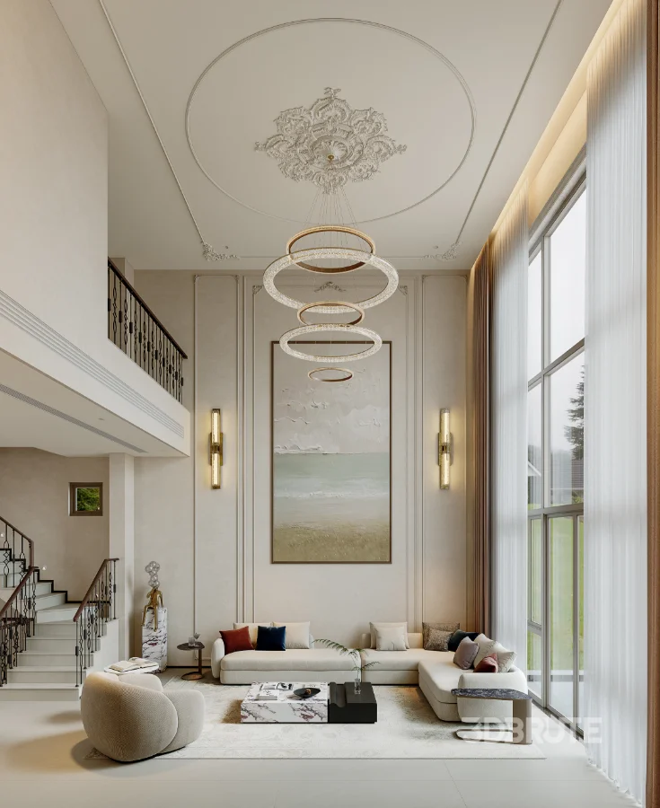 Eclectic villa living room and dining room interior Image 4